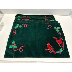 Christmas Placemats Quilted Embroidered Velvet Cardinal Holly Set of 4 13x17